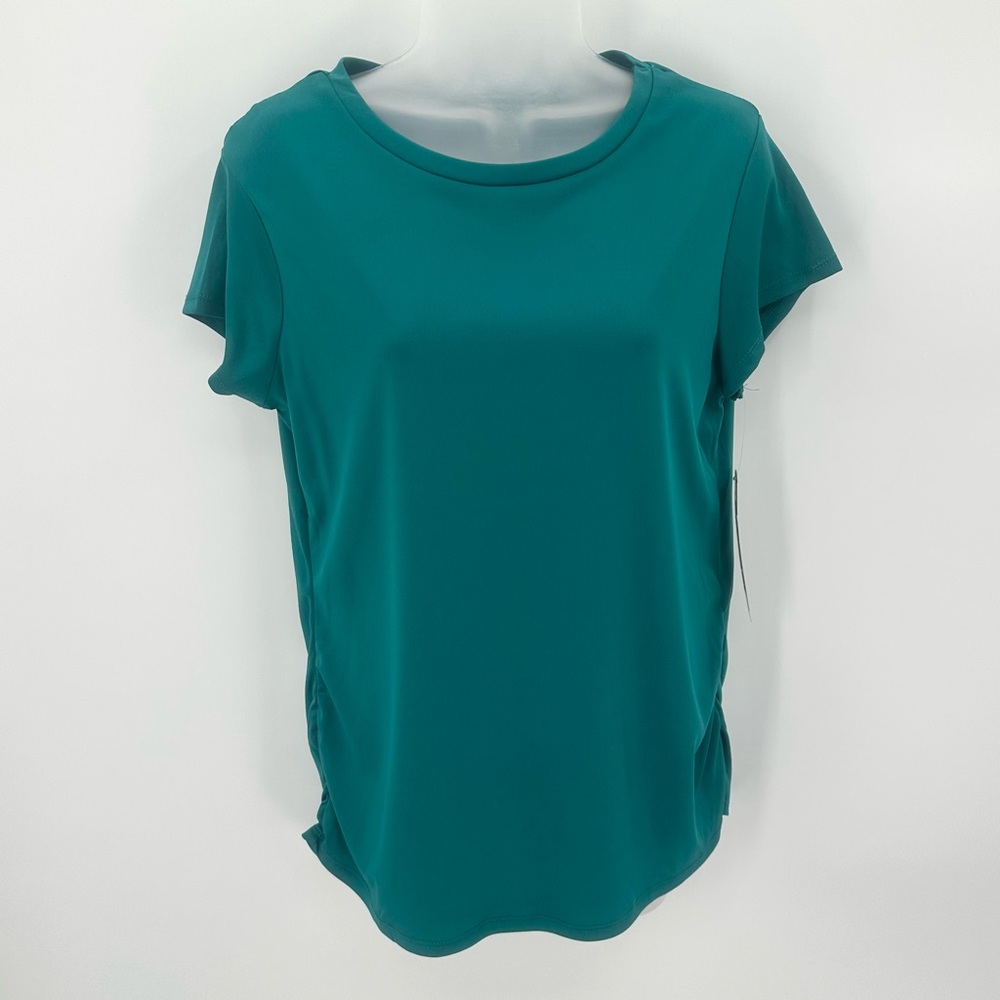 DAISY FUENTES FIT Top Women’s M Teal Blue Green Ruched Sides Short Sleeve Tee